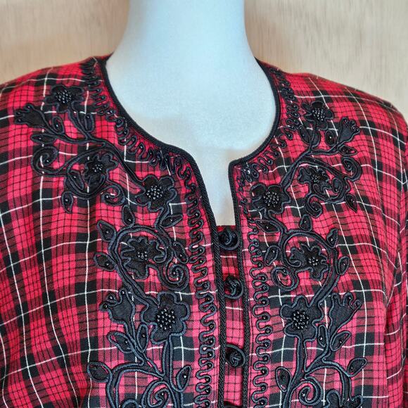 Vintage Sarah‎ Elizabeth Red/Black/White Plaid Floral Embroidered Jacket Size 8 - Picture 3 of 8